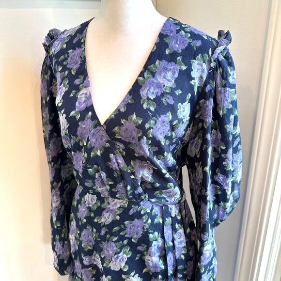 Saylor Merritt Chiffon Medium Purple Floral Blue Long Sleeve Dress Mini - Picture 3 of 11